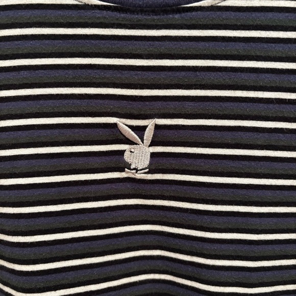 Playboy by Pacsun Metallic Bunny Men's Striped Crewneck T-shirt 100% cotton L - Picture 3 of 10